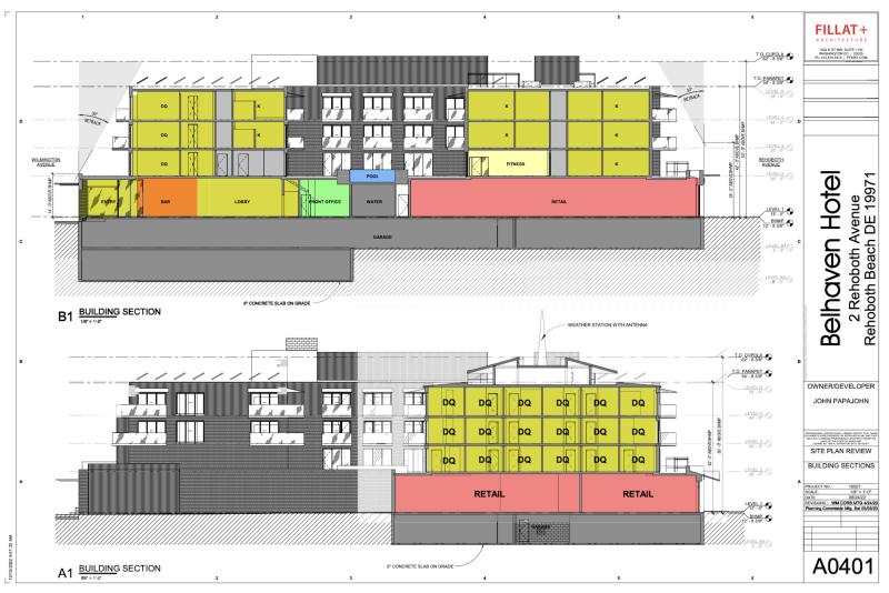 This cross section presented during the meeting shows the second level of underground parking on the Wilmington Avenue side of the hotel. FILLAT+ARCHITECTURE IMAGE